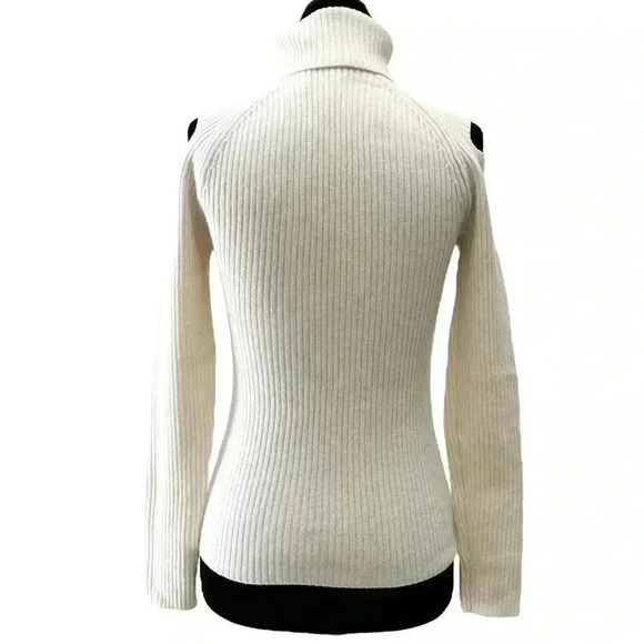 Theory Jemliss Cold Shoulder Ribbed  Wool Turtleneck Sweater Ivory Cream Small - Picture 15 of 16